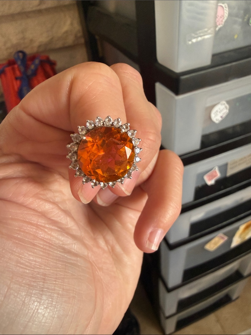 Authentic Orange Sapphire Statement Ring - Elegant Cocktail Ring w CZ Halo Studs